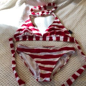Red and white striped bikini